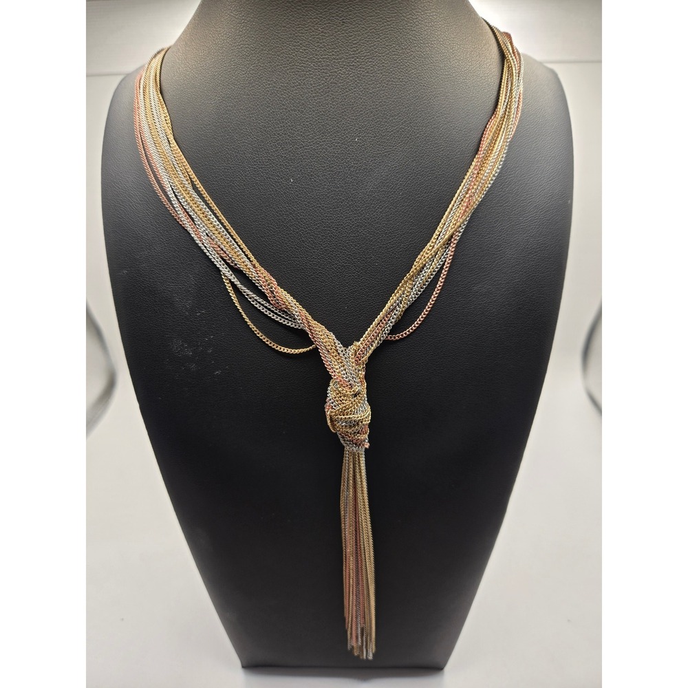 The Limited Tri-Tone Multi-Strand Knot Tassel Necklace Silver Gold Rose Gold